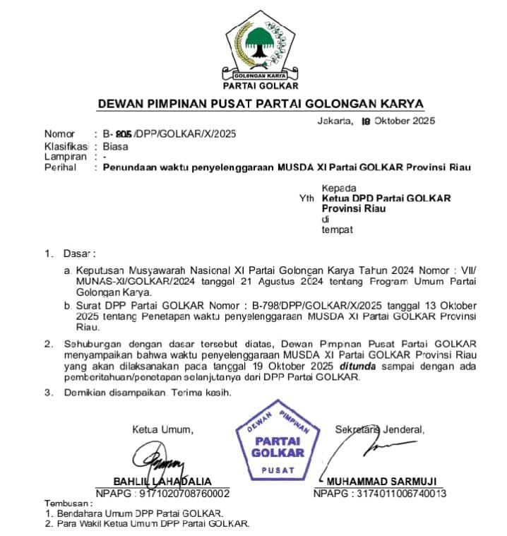 Surat DPP Keluar, Musda XI Golkar Riau Ditunda