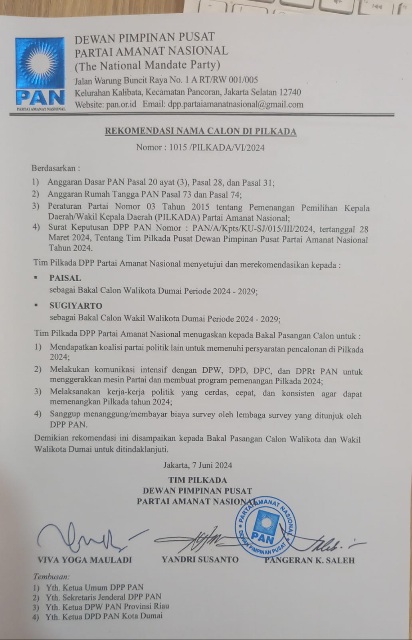 Beredar Rekomendasi PAN, Paisal Berpasangan dengan Sugiyarto